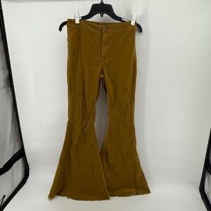 Forever 21 Corduroy Flare Pants Womens Medium Bell‎ Bottoms Frayed Hem Boho Gold